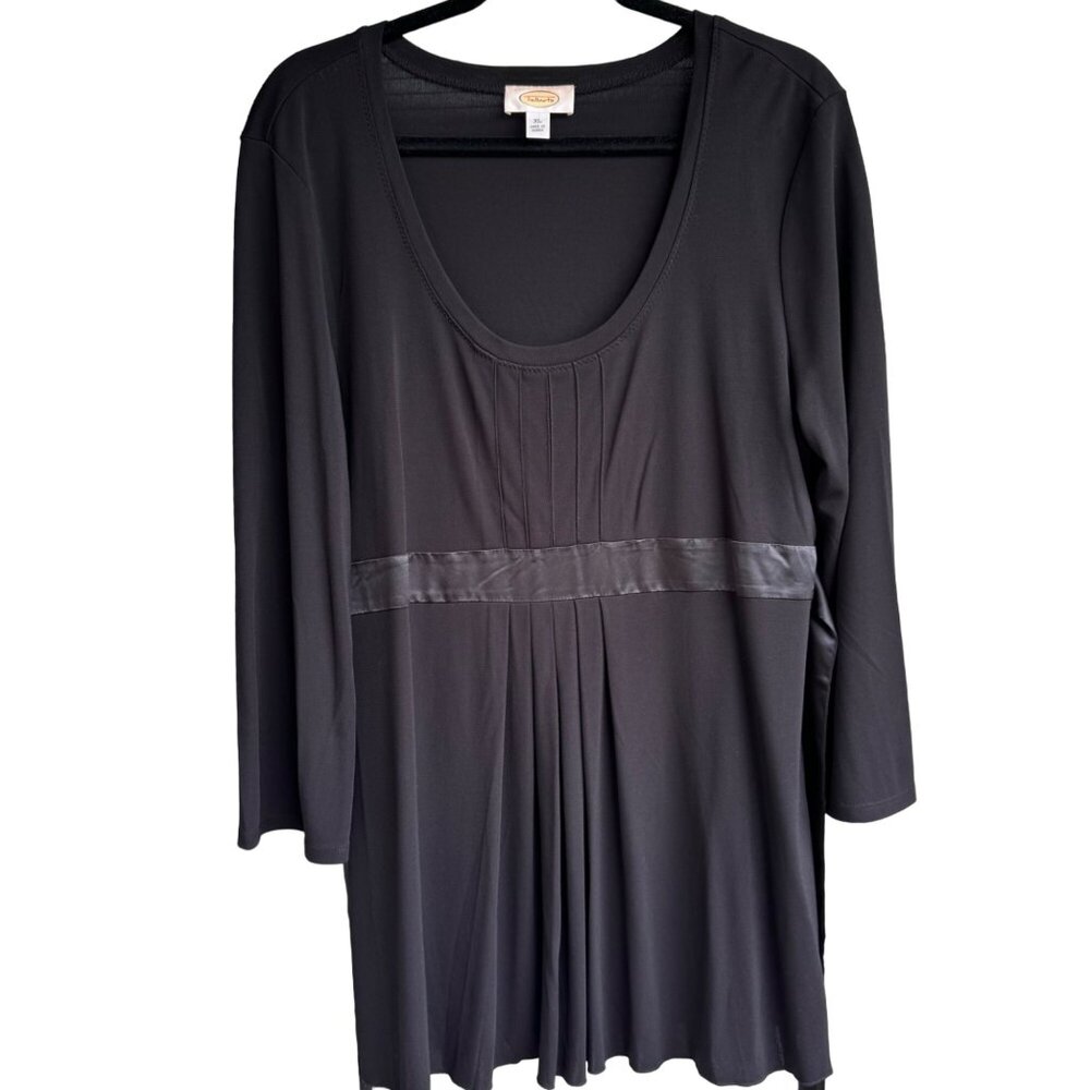 Talbots Black Tunic Top XL Long Sleeve Ribbon Belt & Pleated Deep Scoop Neck New - Picture 10 of 10